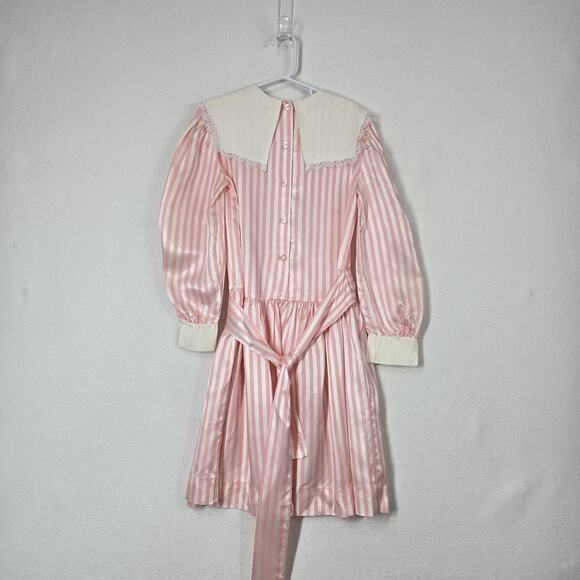 VTG Bonnie Jean Satin Dress Sz 8 Pink White Striped Long Sleeve Collar Lace - Picture 7 of 14